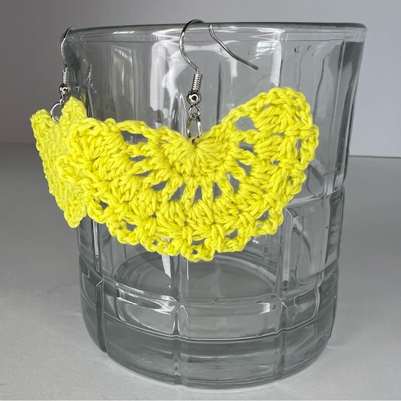 Handmade Crochet Fan Earrings on Hypoallergenic White Gold Plated Hooks Yellow - Picture 5 of 5